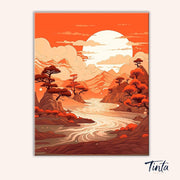 Full artwork of Sunfire Valley paint by numbers kit featuring warm orange sky and layered valley hills by Tinta Canvas