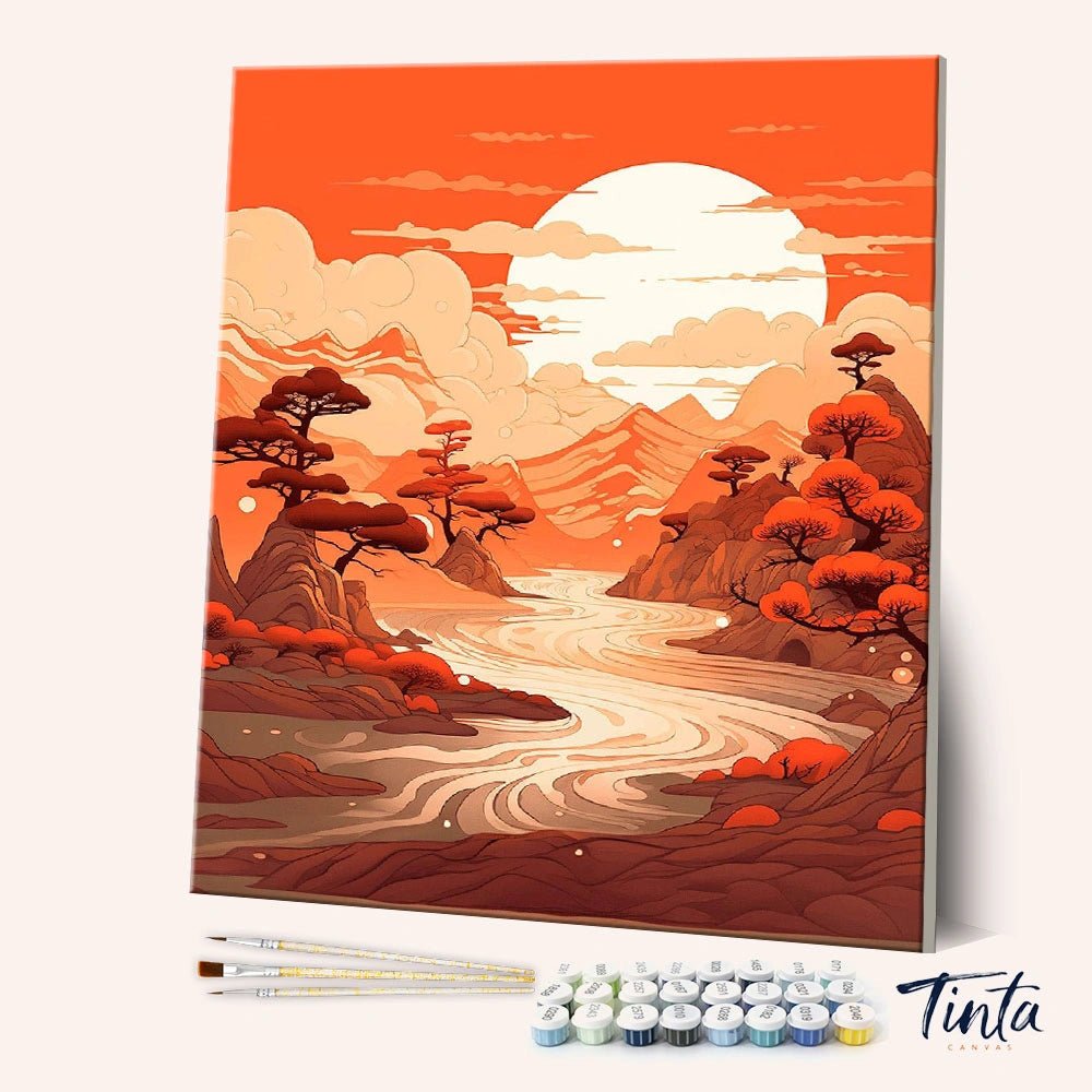 Angled canvas view of Sunfire Valley paint by numbers kit with glowing sun and winding river scene by Tinta Canvas
