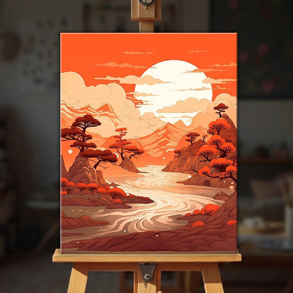 Sunfire Valley paint by numbers kit displayed on an easel in a cozy living space by Tinta Canvas