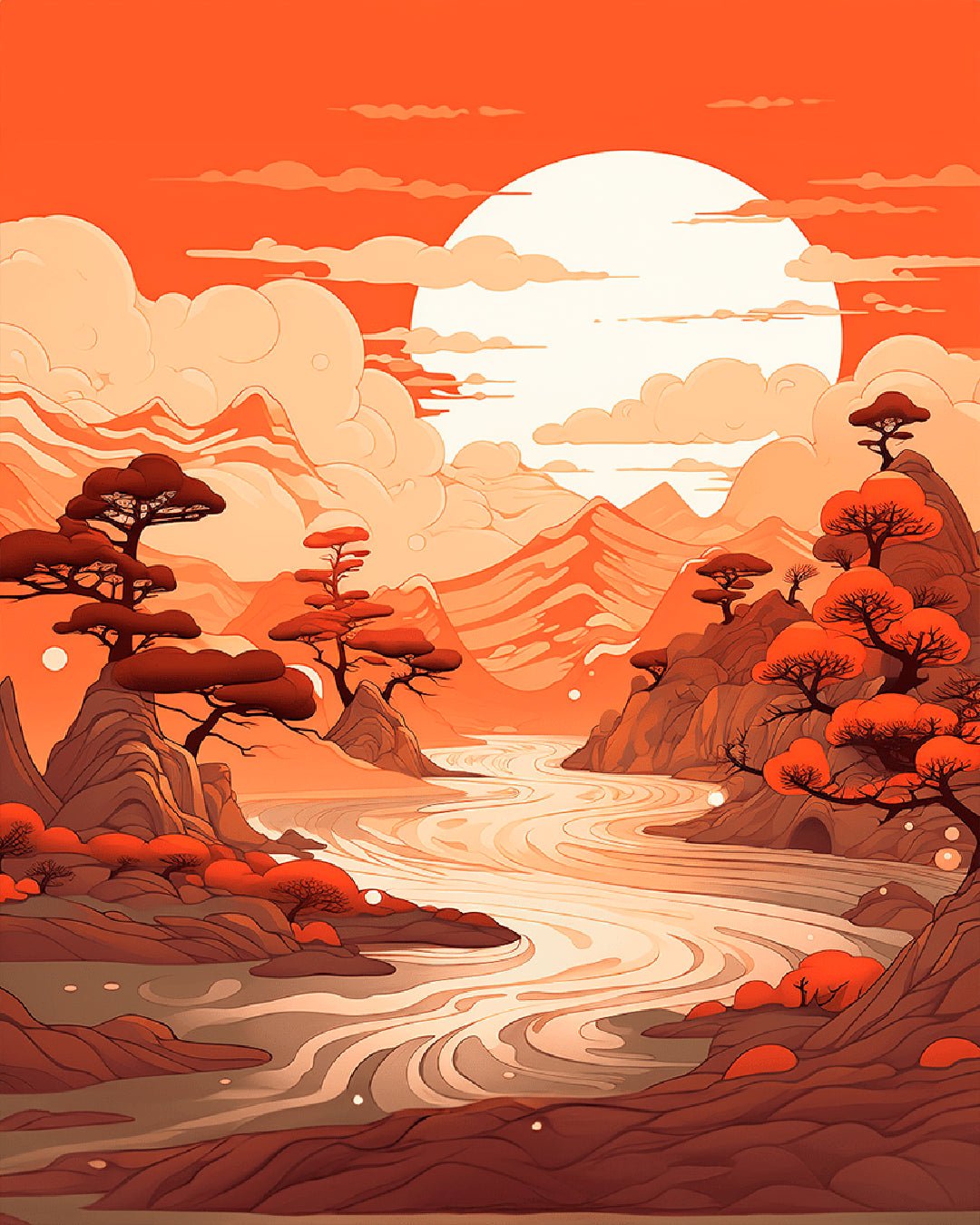 Sunfire Valley paint by numbers kit showing a warm orange valley with flowing river and sunset mountains