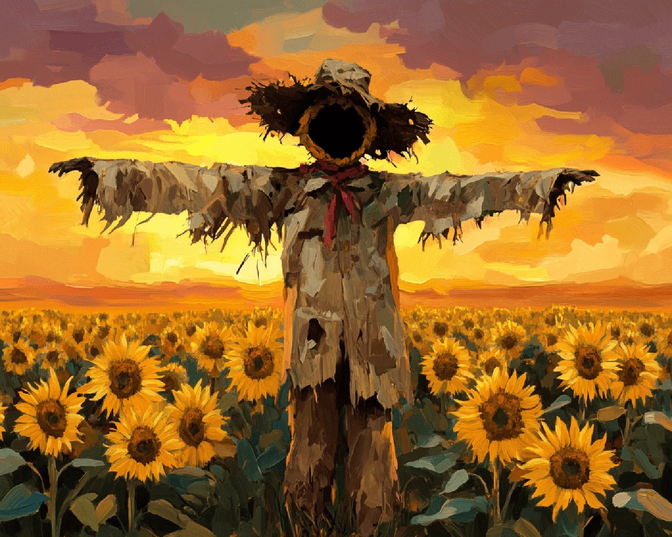 Paint by numbers canvas featuring a scarecrow surrounded by sunflowers under a warm evening sky