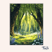 Clean artwork of Sunlit Grove paint by numbers kit featuring lush greenery and soft light beams by Tinta Canvas