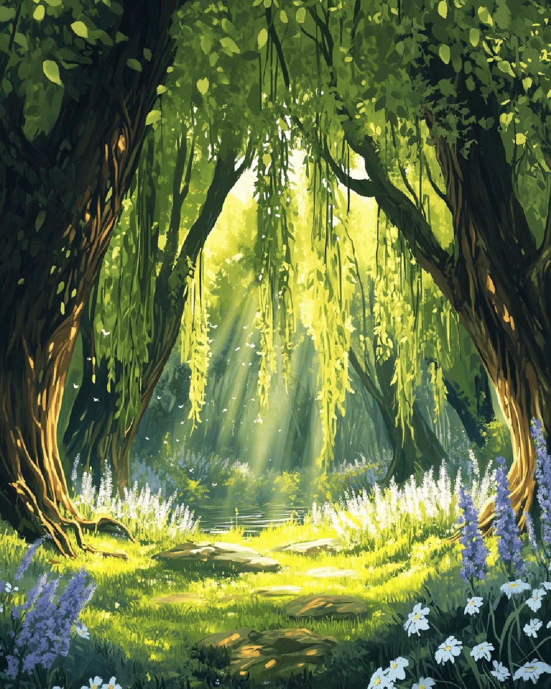 Paint by numbers kit canvas featuring a peaceful forest clearing with sunlight streaming through trees and wildflowers