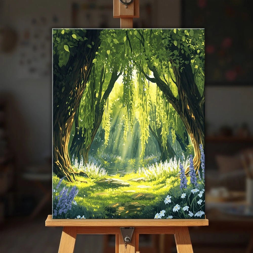 Sunlit Grove paint by numbers kit displayed on easel in a cozy natural inspired room by Tinta Canvas