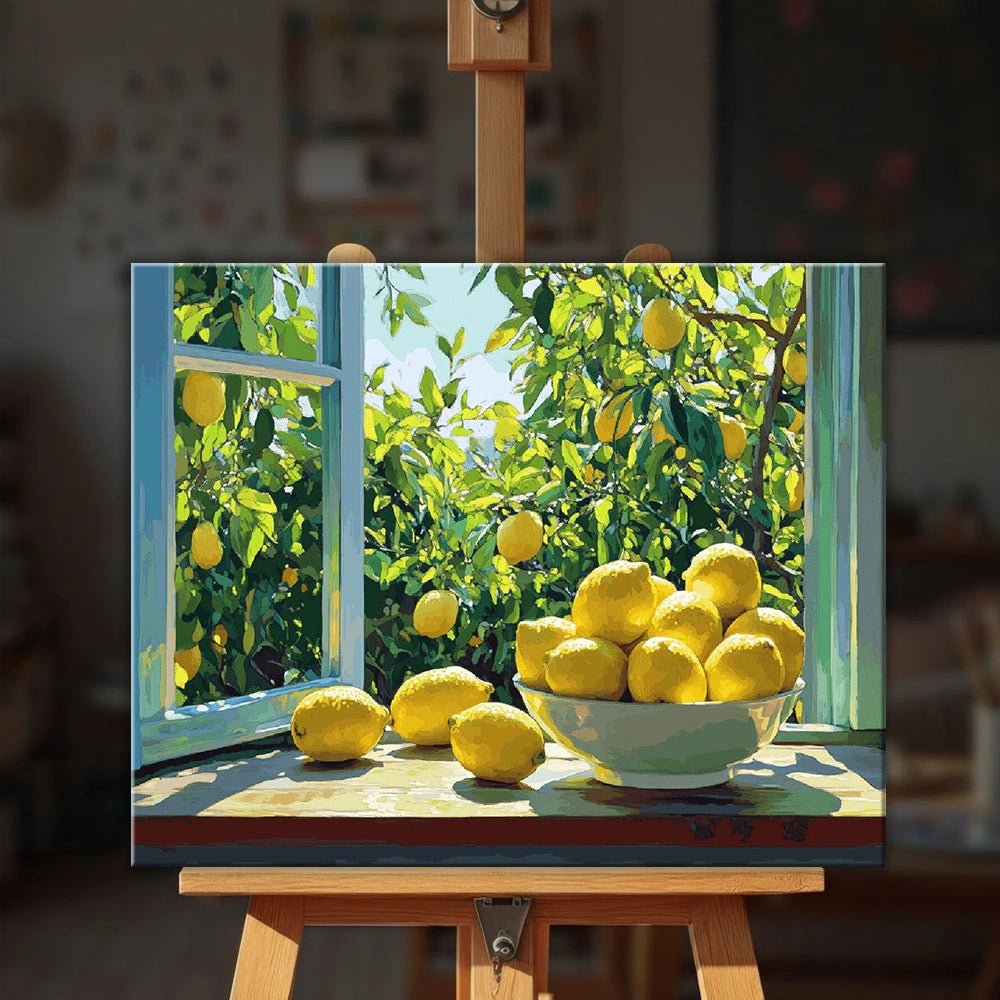 Sunlit Lemon Morning paint by numbers kit displayed on an easel showing finished lemon still life painting by Tinta Canvas