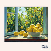 Sunlit Lemon Morning paint by numbers kit artwork featuring bright lemons in a bowl beside an open window with sunlight by Tinta Canvas
