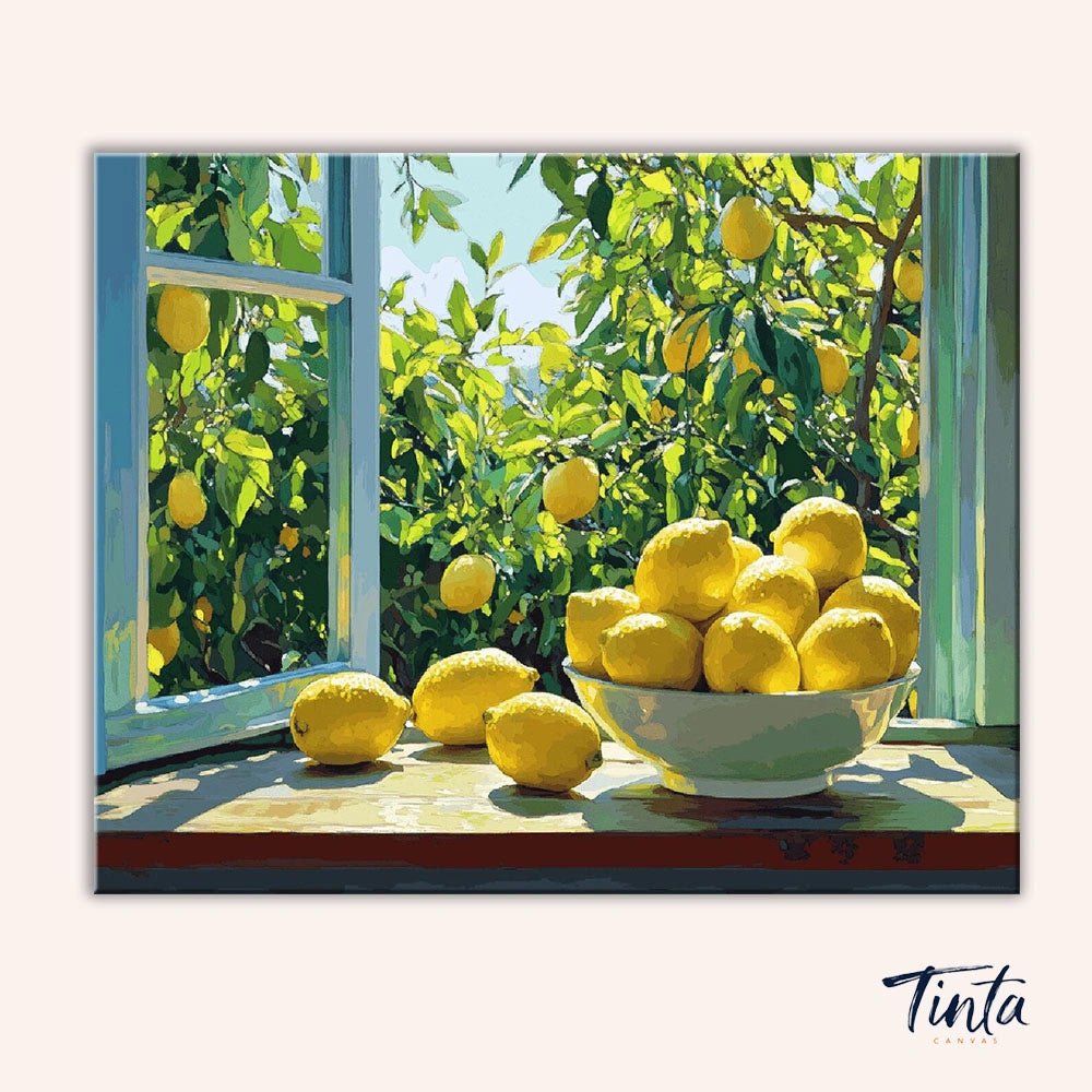 Sunlit Lemon Morning paint by numbers kit artwork featuring bright lemons in a bowl beside an open window with sunlight by Tinta Canvas