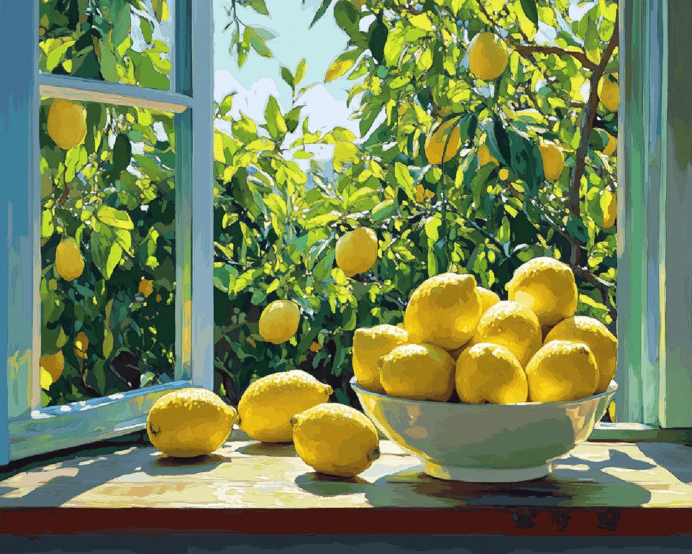 Sunlit Lemon Morning paint by numbers kit raw image showing fresh yellow lemons on a windowsill with leafy branches outside by Tinta Canvas