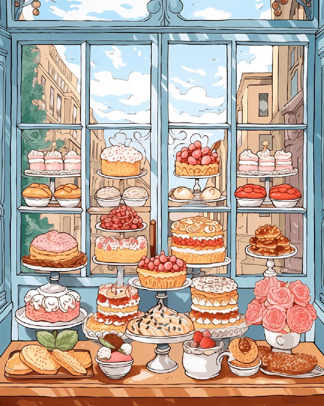 Dessert paint by numbers kit canvas featuring a cozy bakery window with cakes, pastries, and warm daylight