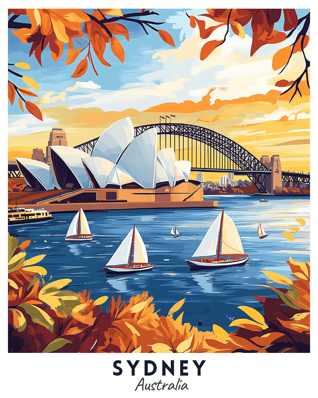 Sydney Australia paint by numbers canvas showing harbour water, sailboats, Opera House, Harbour Bridge, and golden autumn foliage