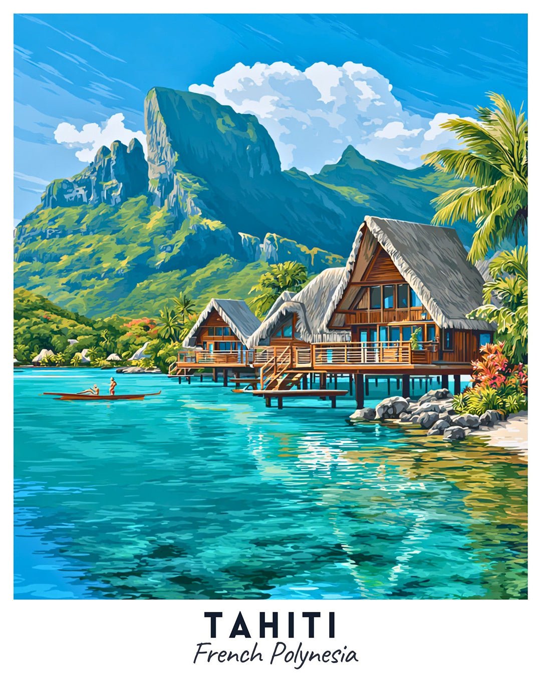 Tahiti paint by numbers canvas showing tropical lagoon, wooden overwater bungalows, palm trees, and volcanic mountain backdrop