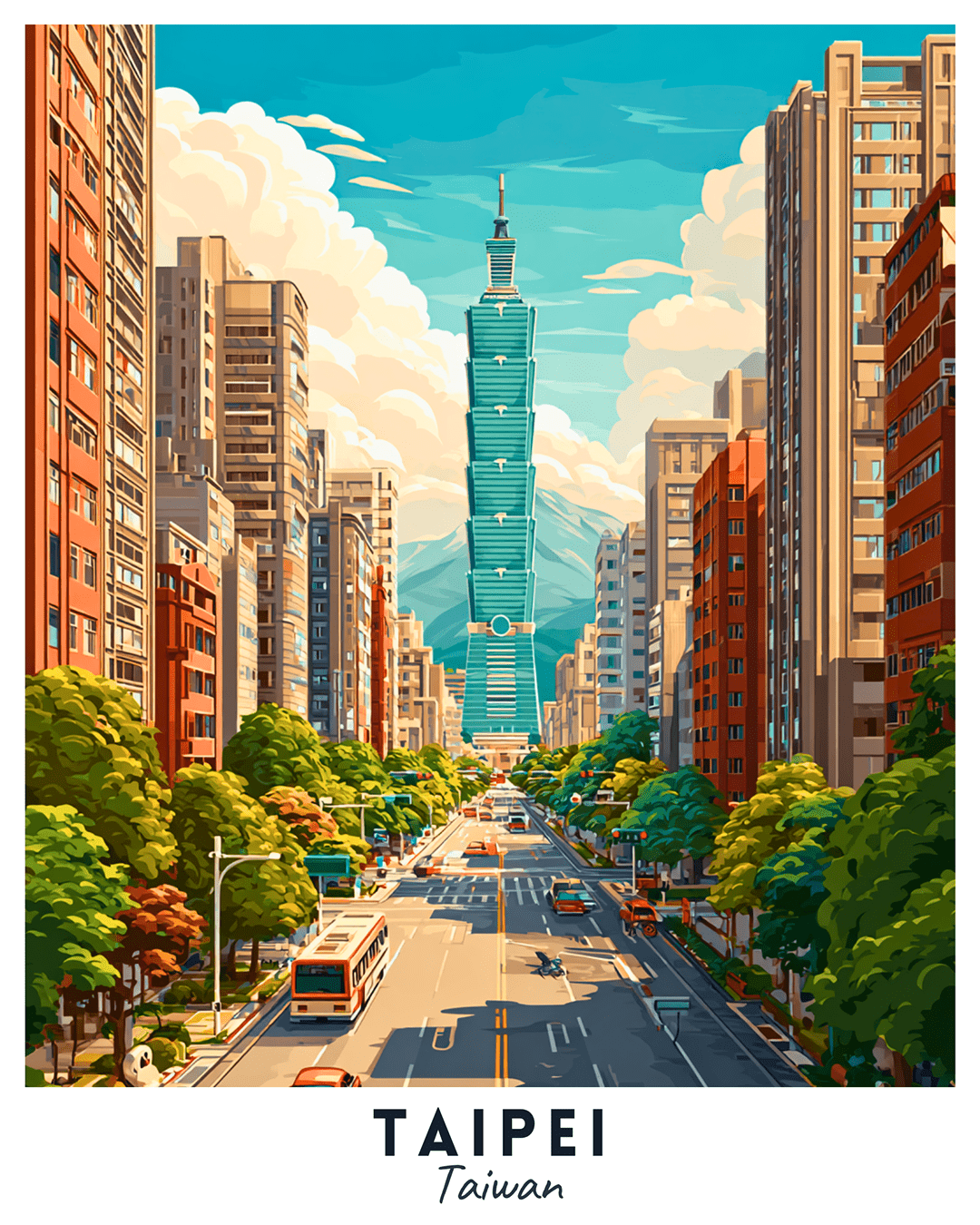 Taipei paint by numbers canvas showing Taipei 101 tower, urban street view, high-rise buildings, and tree-lined avenue