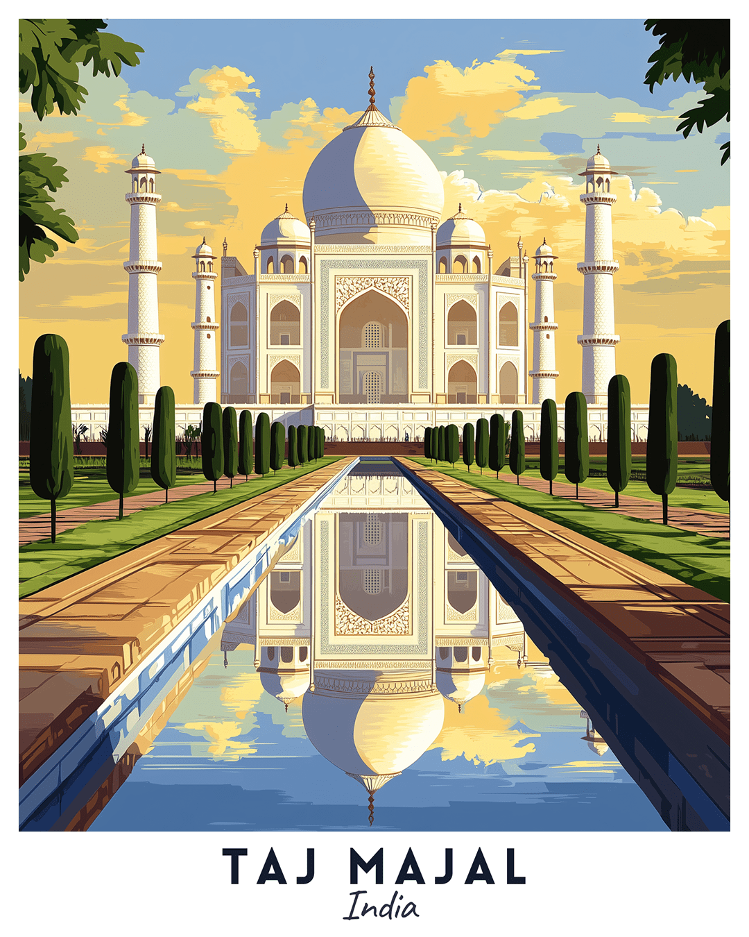 Taj Mahal paint by numbers canvas showing symmetrical gardens, reflection pool, marble architecture, and warm sky