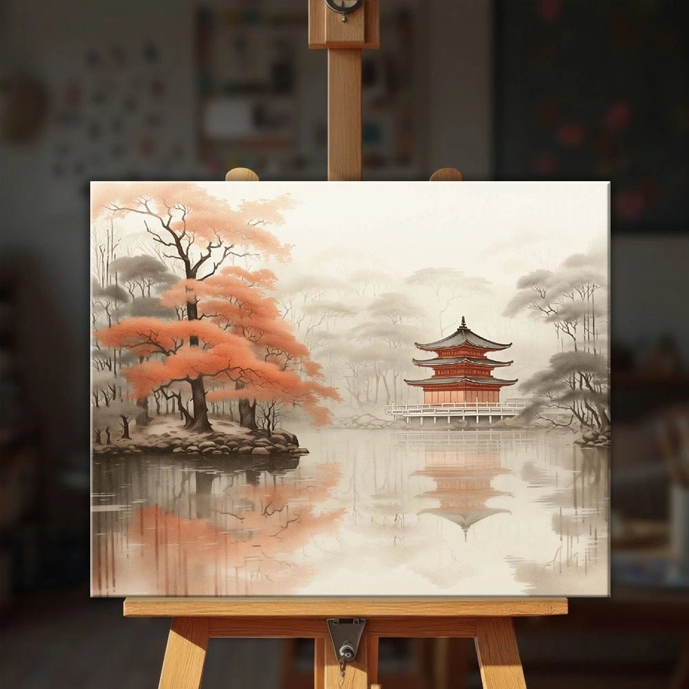 Temple of Still Waters paint by numbers kit displayed on easel showing a tranquil lakeside pagoda surrounded by misty trees by Tinta Canvas