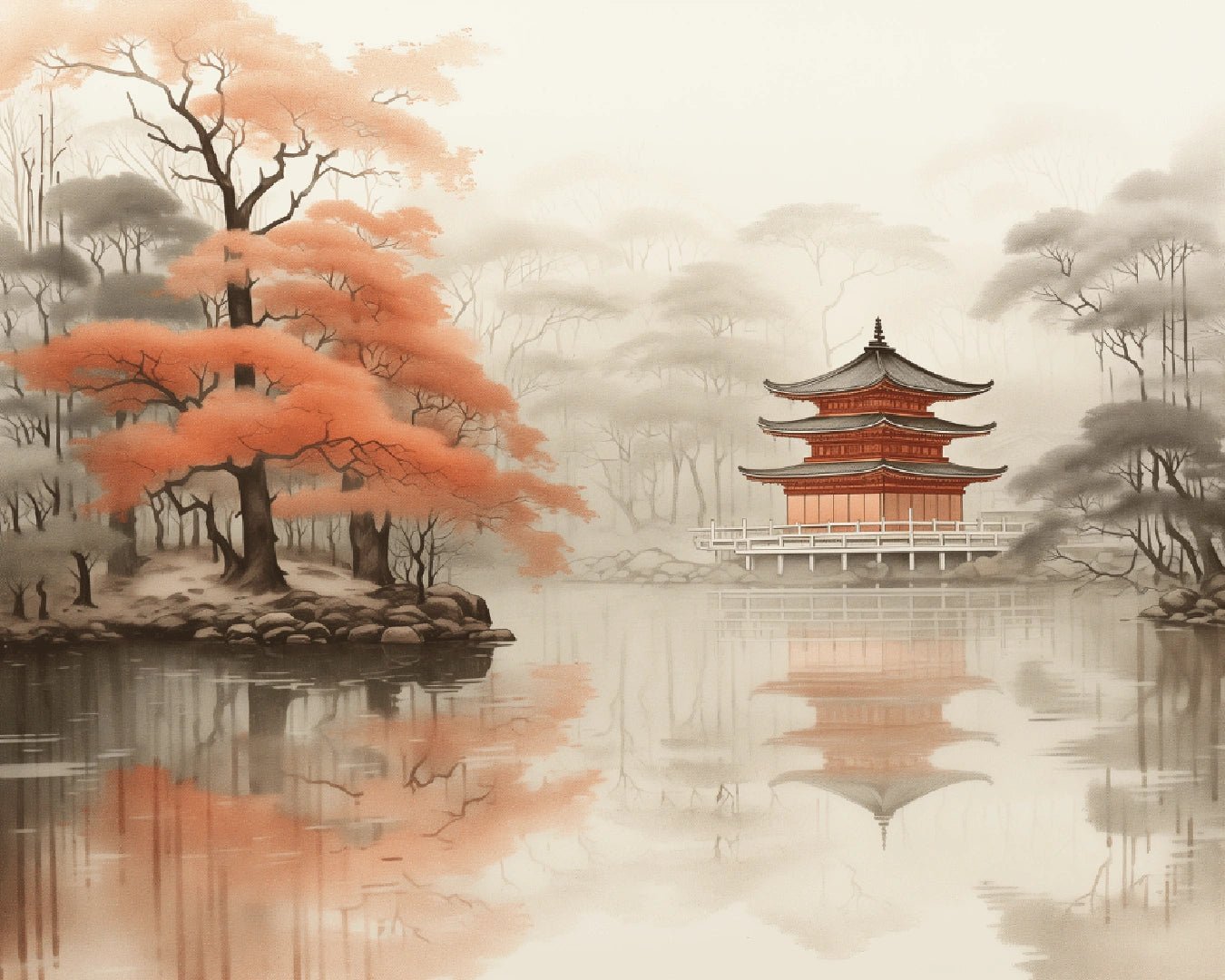 Raw landscape image of Temple of Still Waters paint by numbers kit with a traditional pagoda reflecting in still water and autumn foliage by Tinta Canvas