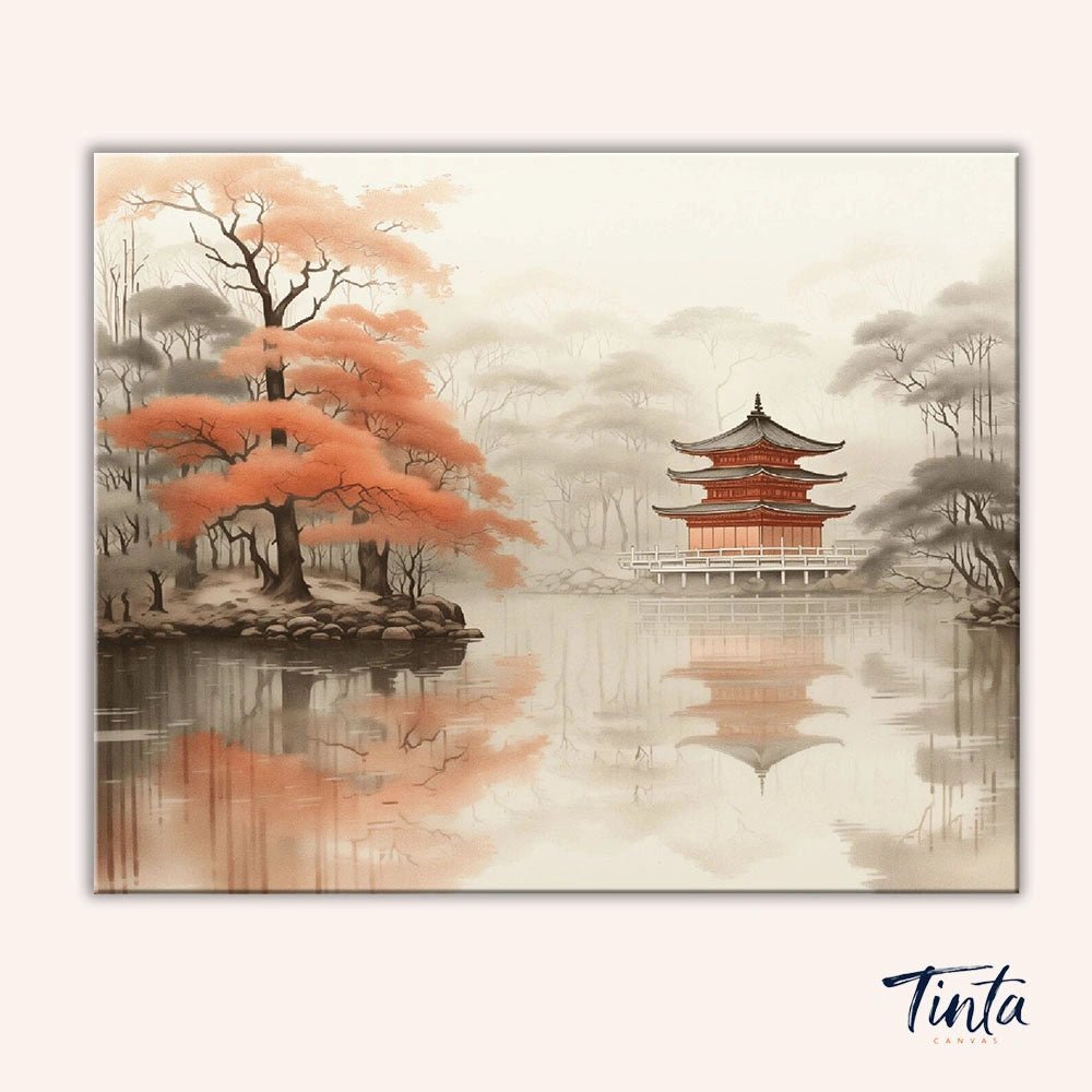 Clean artwork of Temple of Still Waters paint by numbers kit featuring a serene pagoda beside reflective water and soft autumn trees by Tinta Canvas