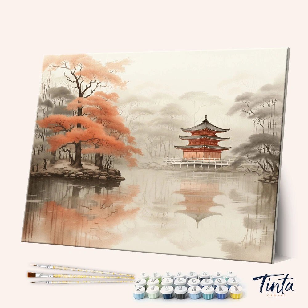 Angled display of Temple of Still Waters paint by numbers kit showing a peaceful pagoda temple reflected on a calm lake by Tinta Canvas