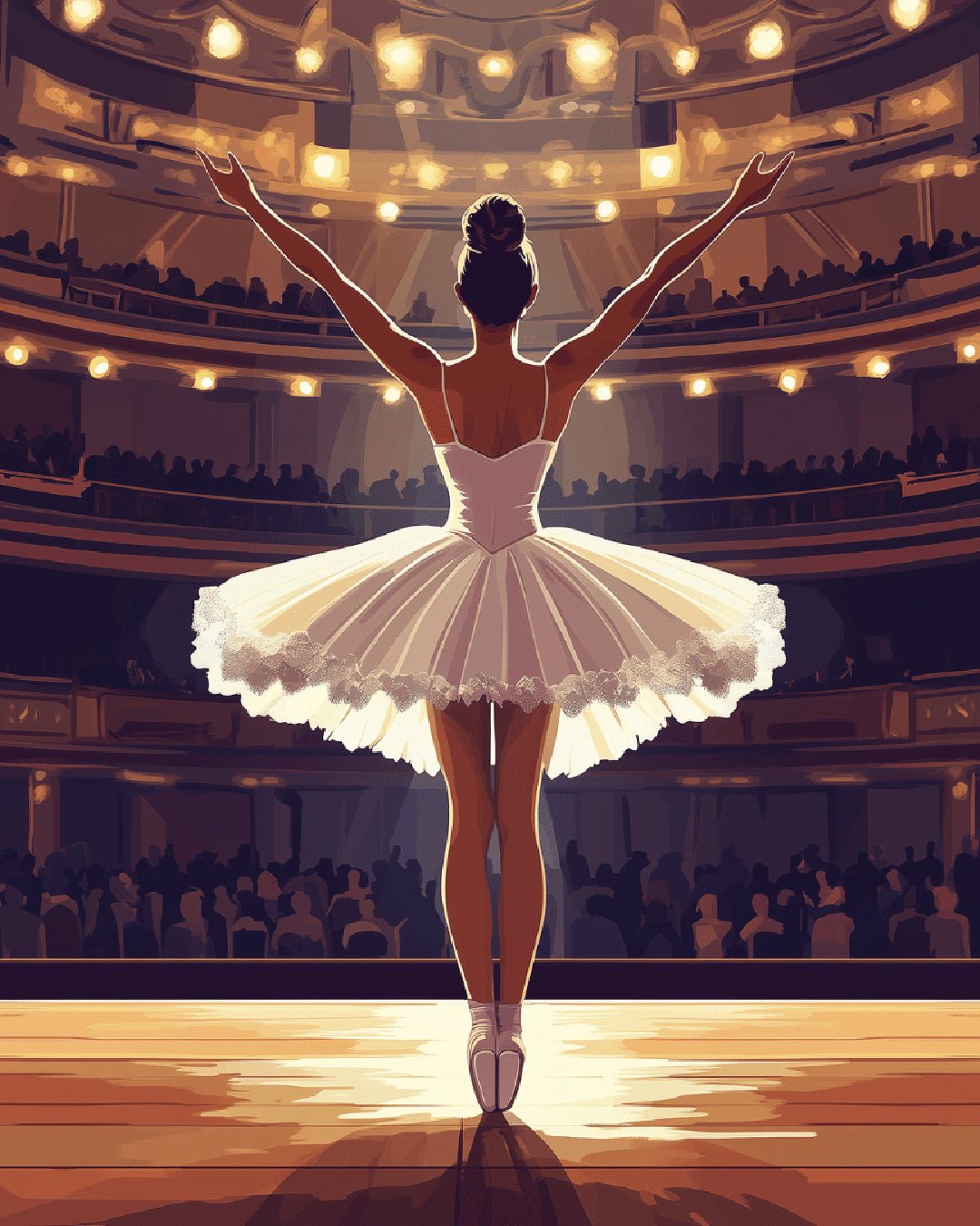 The Final Bow paint by numbers kit showing a ballerina under warm stage lights before an audience