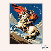 Clean artwork of The French Emperor paint by numbers kit featuring Napoleon Bonaparte on horseback against dramatic mountains by Tinta Canvas