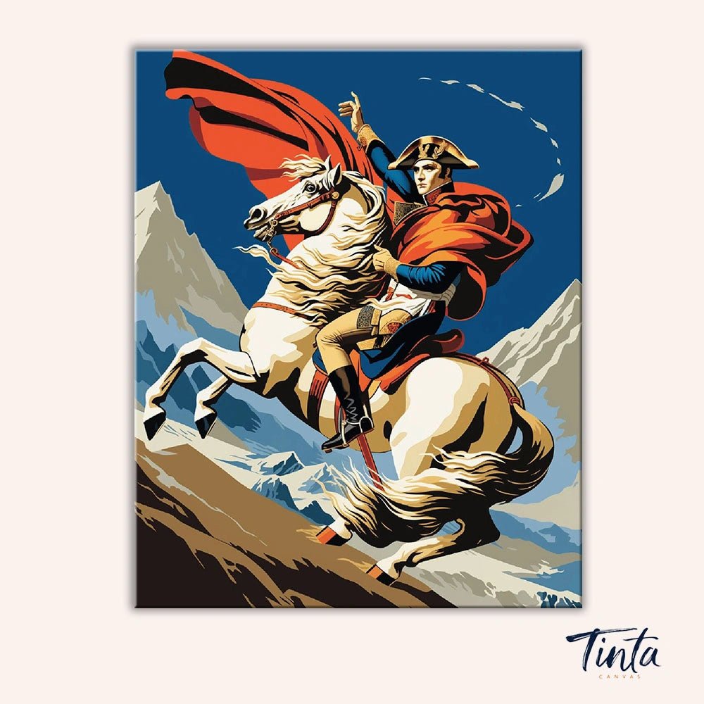 Clean artwork of The French Emperor paint by numbers kit featuring Napoleon Bonaparte on horseback against dramatic mountains by Tinta Canvas