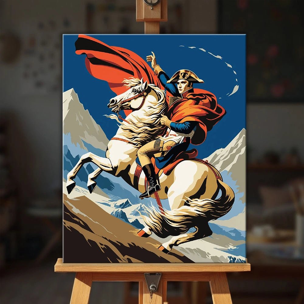 The French Emperor paint by numbers kit displayed on an easel showing Napoleon raising his hand while riding a rearing horse by Tinta Canvas