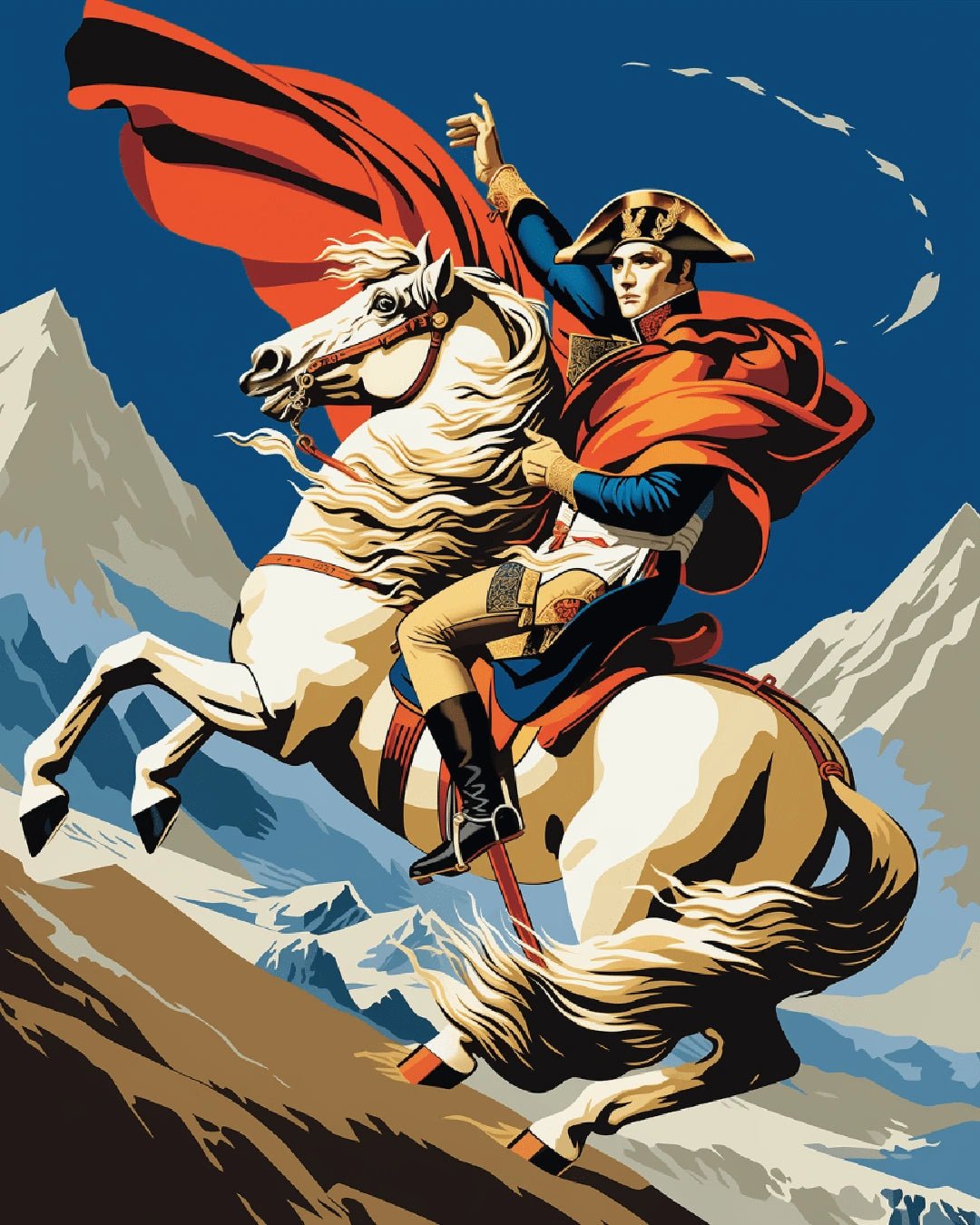 Raw artwork from The French Emperor paint by numbers kit showing Napoleon on horseback in a heroic alpine scene by Tinta Canvas