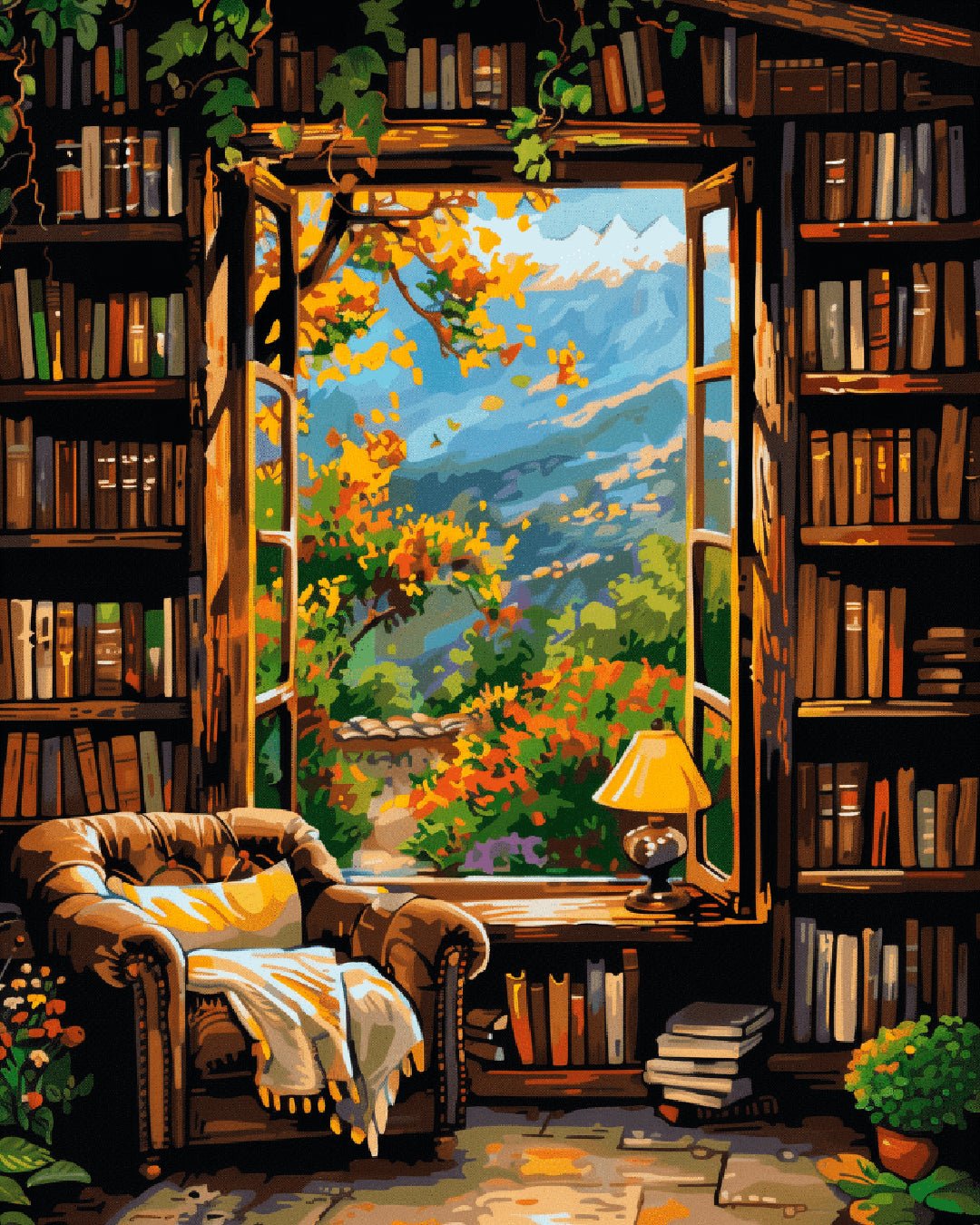The Reading Room paint by numbers kit featuring a cozy reading space with bookshelves and a scenic window view