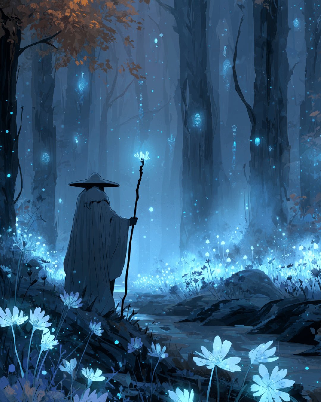 The Wayfinder paint by numbers kit featuring a lone figure walking through a luminous blue forest