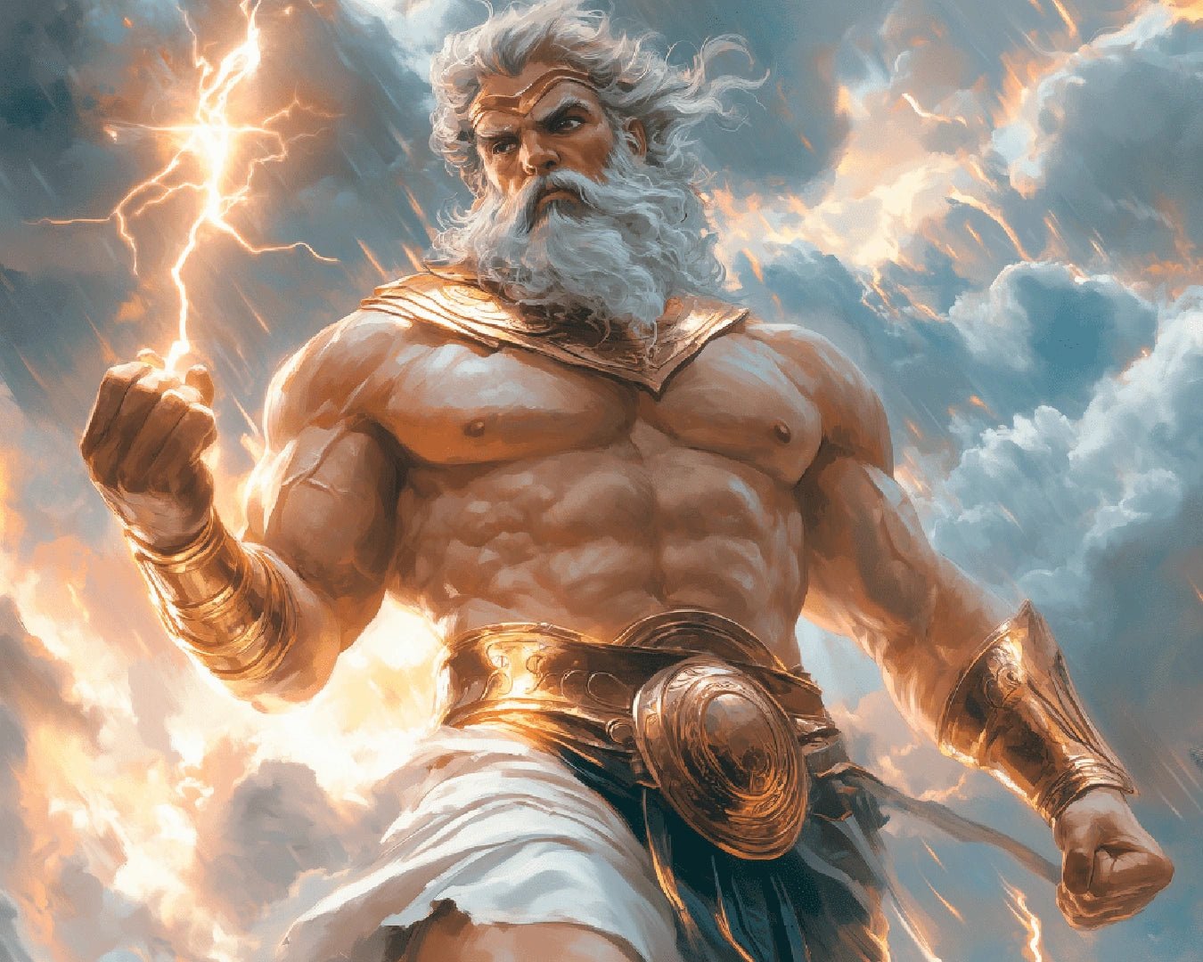 Paint by numbers canvas featuring a muscular lightning god surrounded by stormy skies