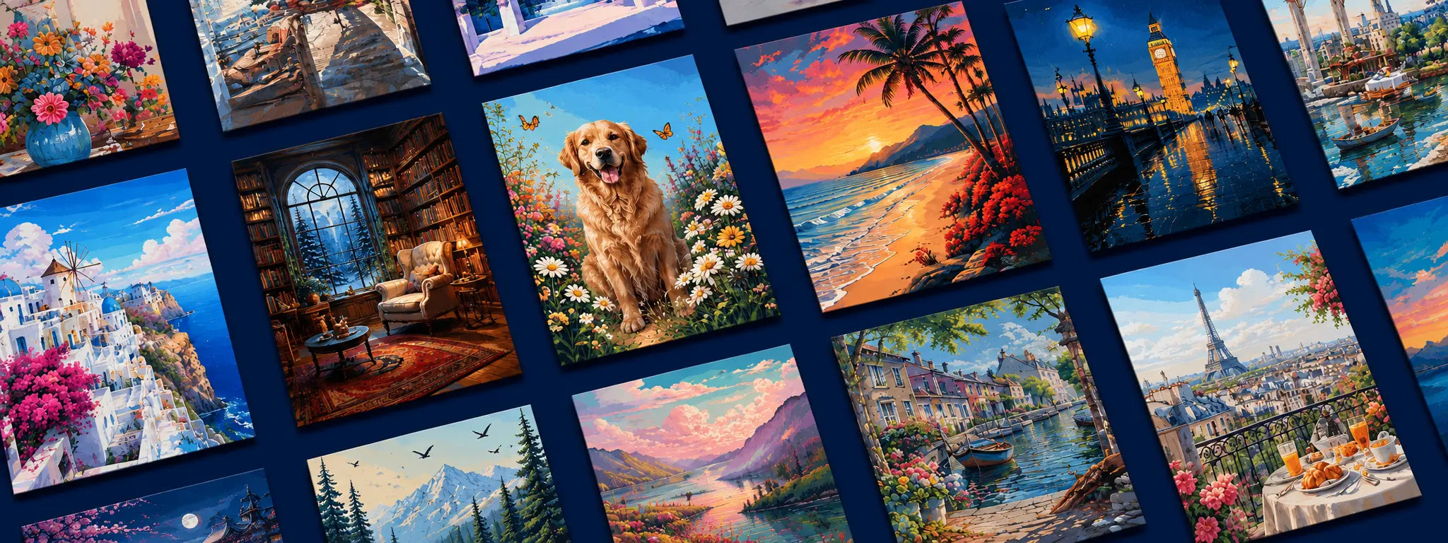 Tinta Canvas custom paint by numbers kits featuring colorful landscapes, animals, flowers, travel scenes, and relaxing artwork