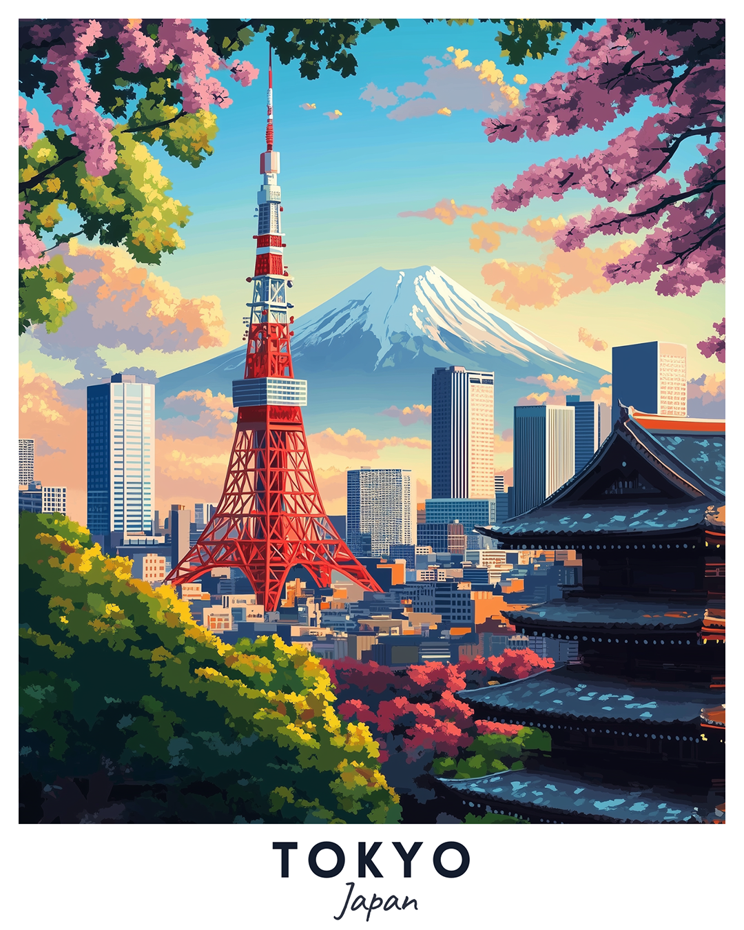 Tokyo paint by numbers canvas showing Tokyo Tower, sakura trees, Mount Fuji, traditional architecture, and city buildings