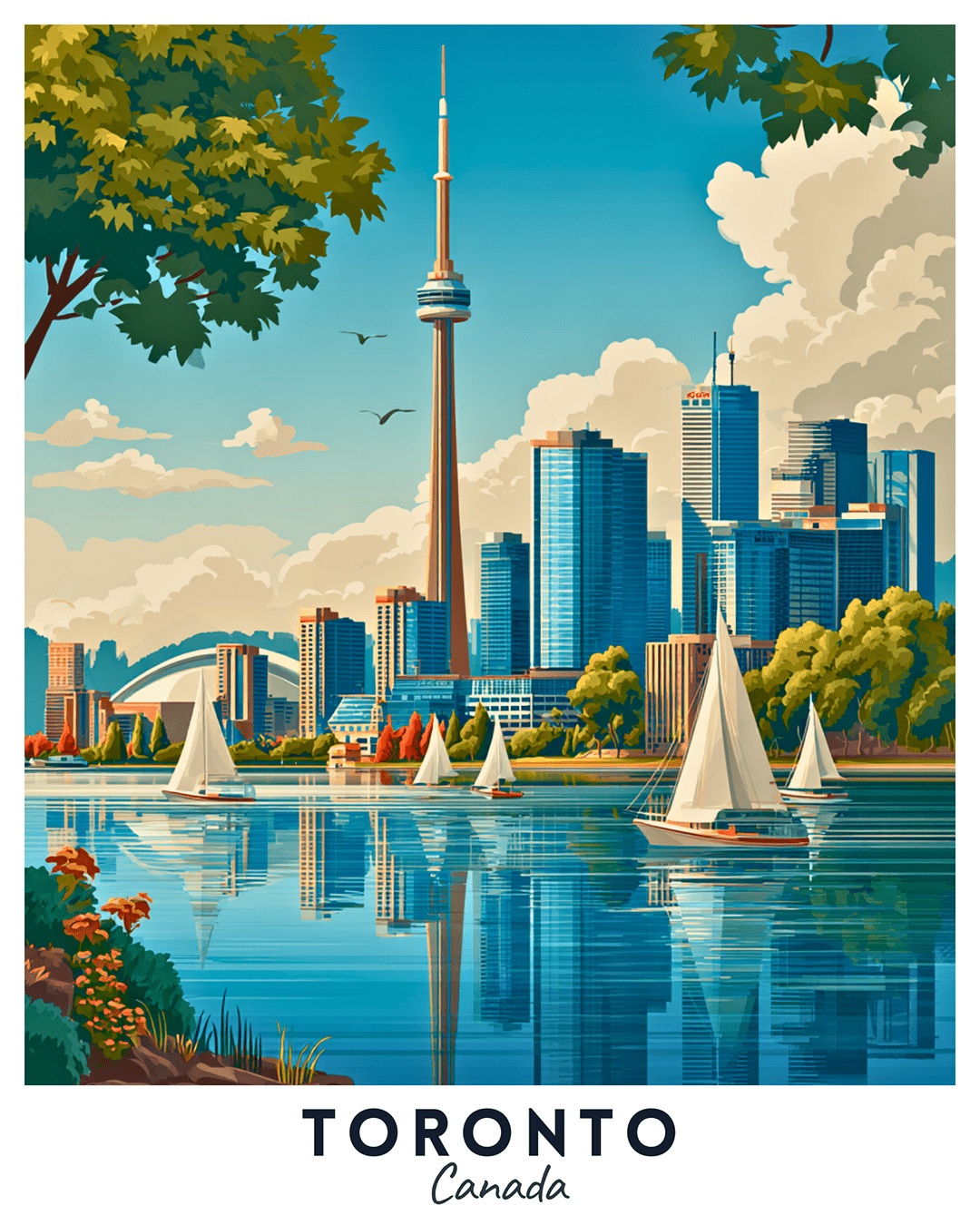 Toronto paint by numbers canvas showing CN Tower, city skyline, sailboats on the lake, trees, and sky reflections