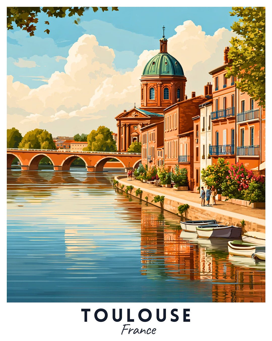 Toulouse France paint by numbers canvas showing Garonne River, pink buildings, stone bridge, boats, and reflections