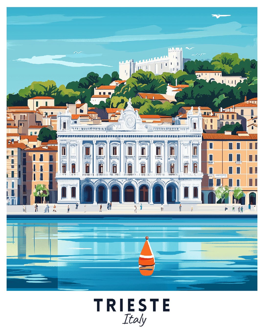 Trieste Italy paint by numbers canvas showing grand waterfront square, historic buildings, Adriatic Sea, and reflections