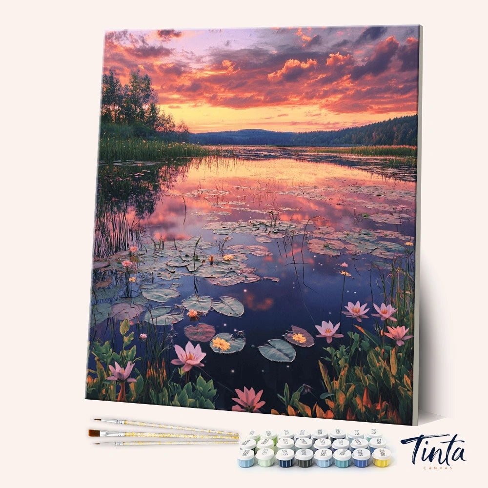 Twilight Lily Lake paint by numbers kit showing sunset sky reflecting on a calm lake with lily pads and flowers by Tinta Canvas