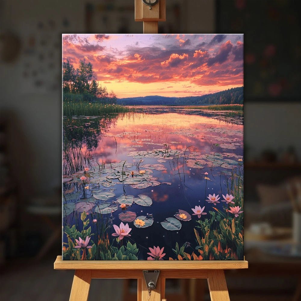 Twilight Lily Lake paint by numbers kit displayed on an easel showing a colorful sunset lake scene with lilies in a cozy setting by Tinta Canvas