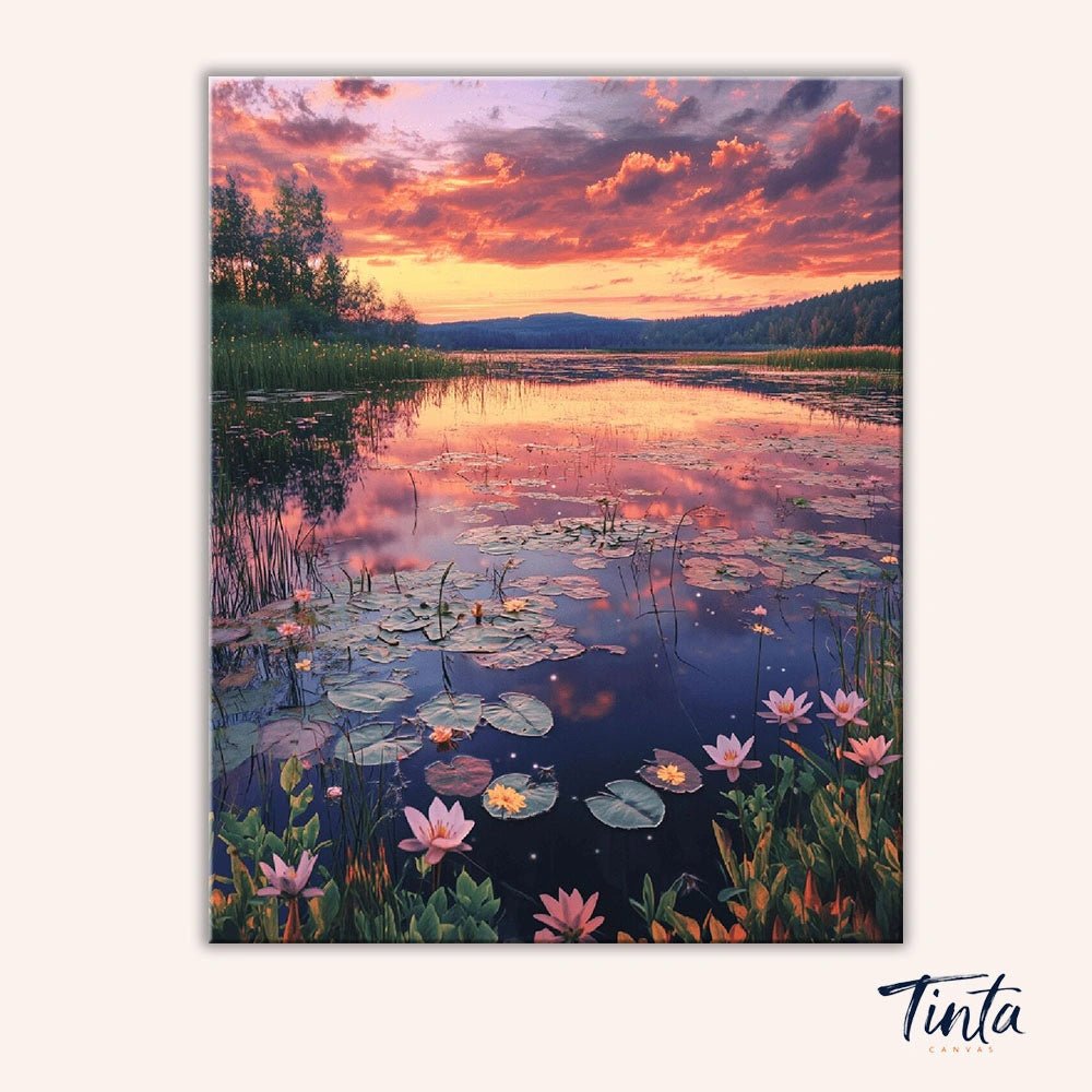 Twilight Lily Lake paint by numbers kit artwork featuring vibrant sunset clouds over a peaceful lake with blooming lily pads by Tinta Canvas