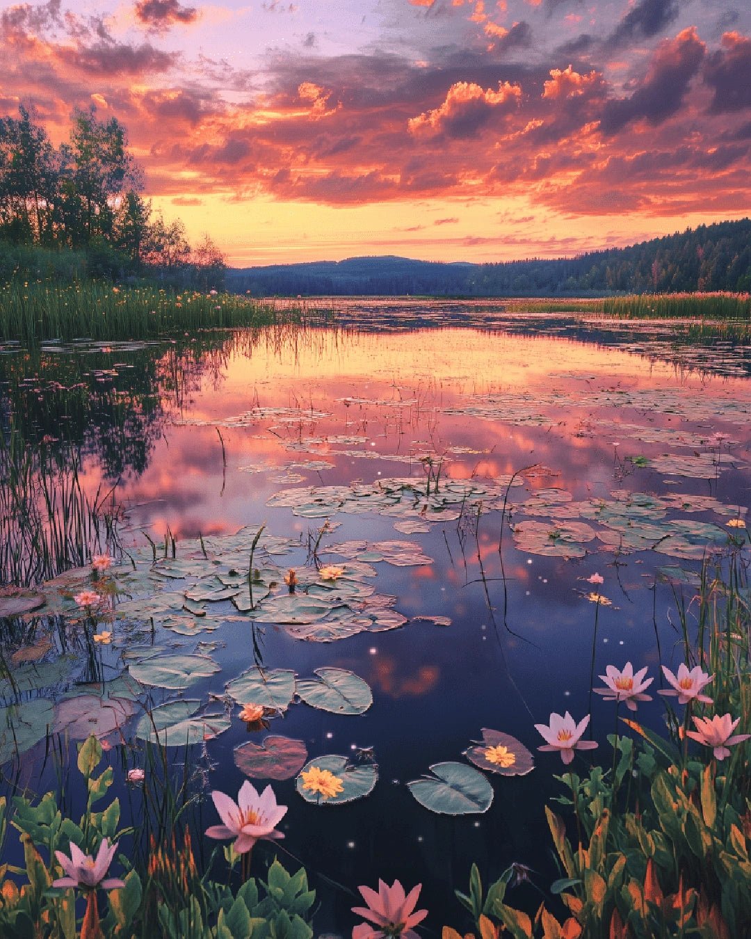 Twilight Lily Lake paint by numbers kit landscape showing glowing sunset reflections across a lily covered lake with distant hills by Tinta Canvas