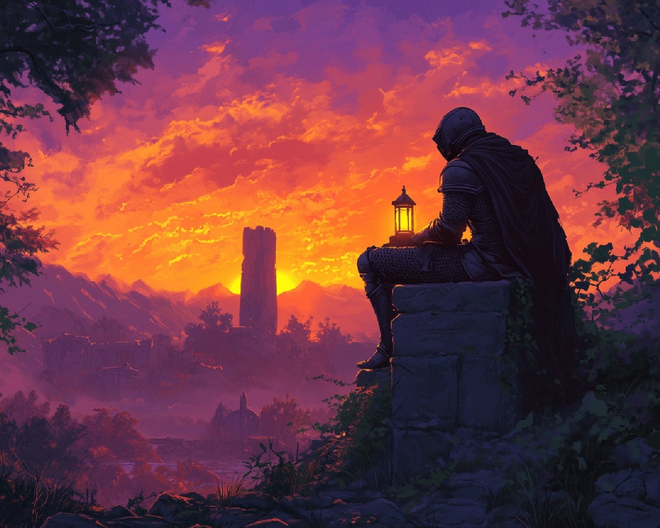 Medieval fantasy paint by numbers canvas showing a knight overlooking a sunset valley