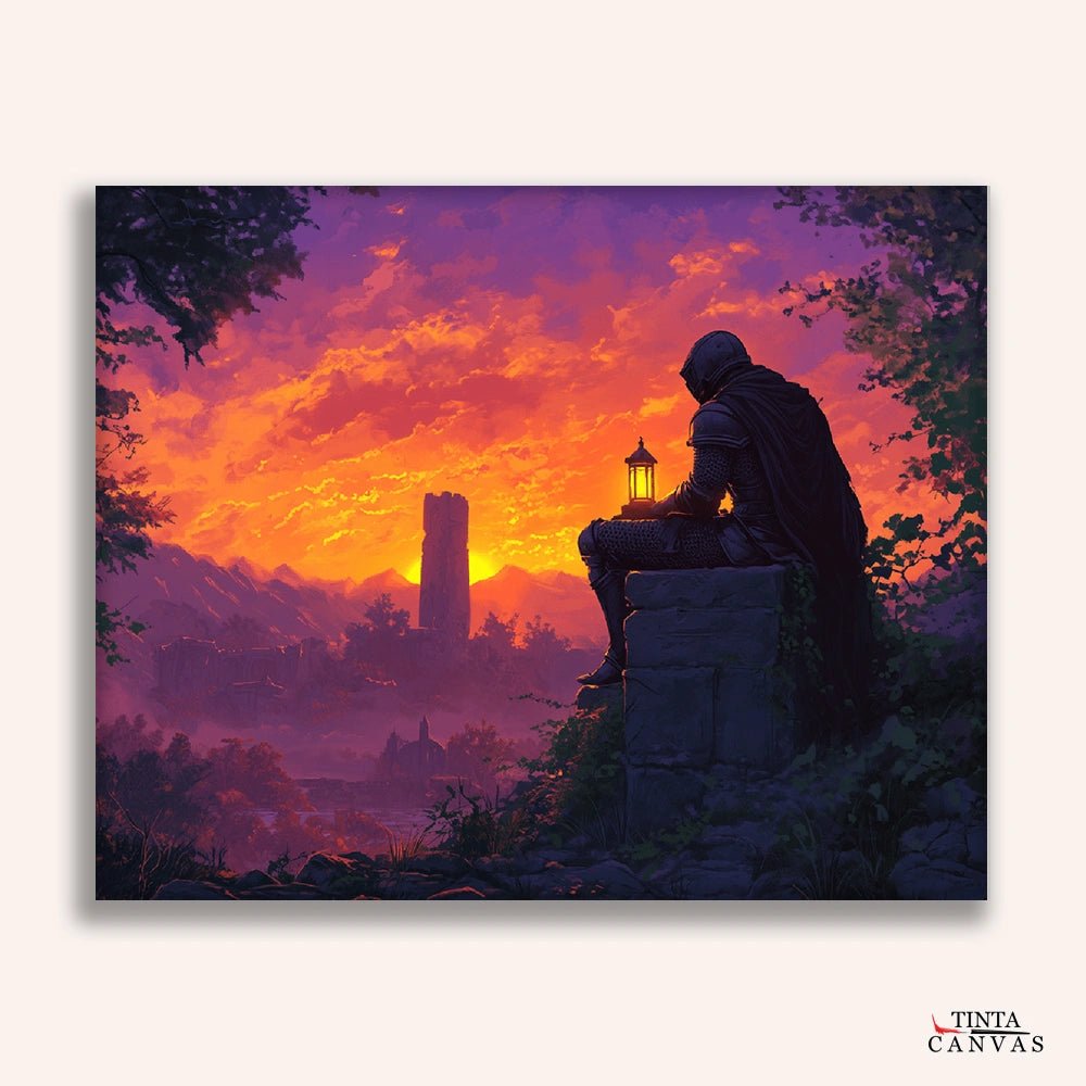 Fantasy paint by numbers kit for adults with a knight, lantern, and glowing sunset landscape
