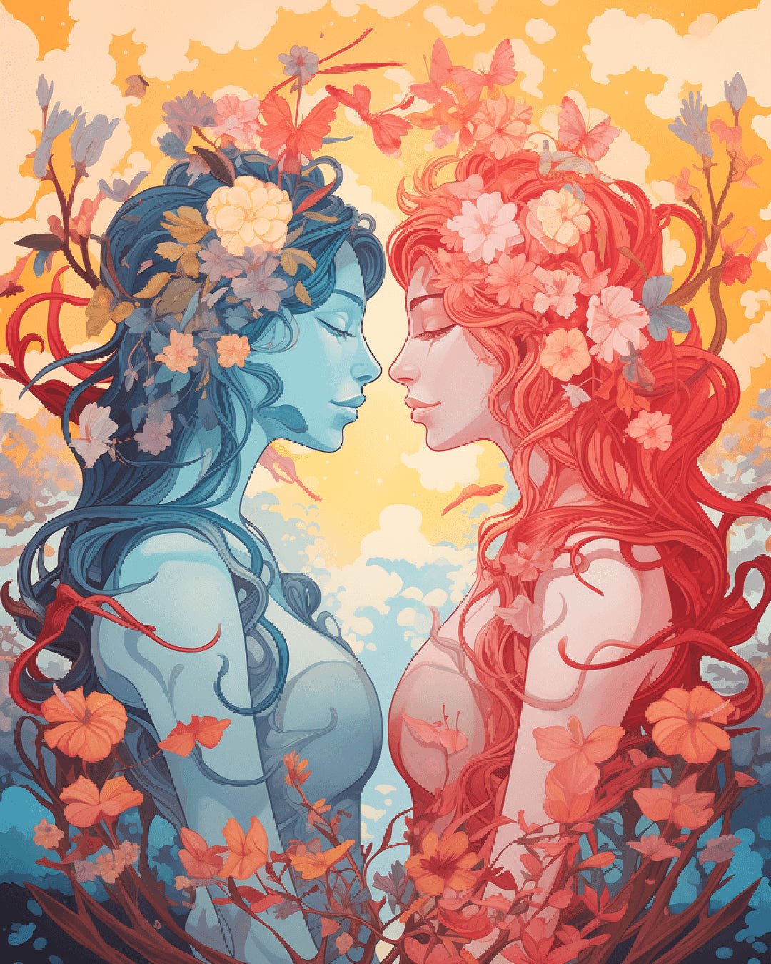 Twin Bloom paint by numbers kit artwork featuring mirrored floral women in warm and cool colors