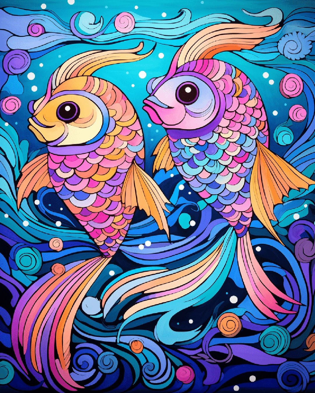 Underwater koi paint by numbers canvas painting with two vibrant fish and swirling waves