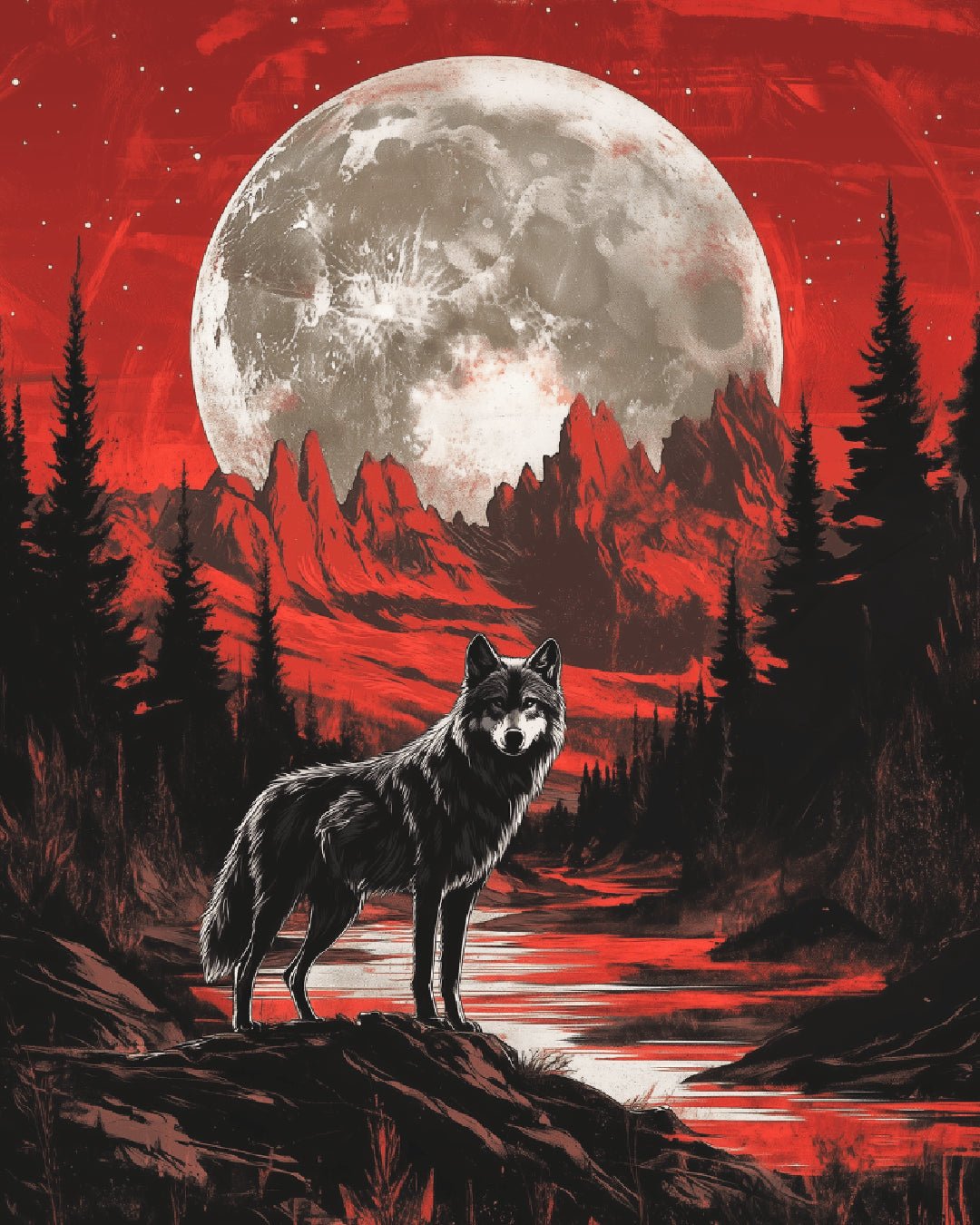 Under the Blood Moon paint by numbers kit showing a lone wolf, red moon, mountains, and reflective river