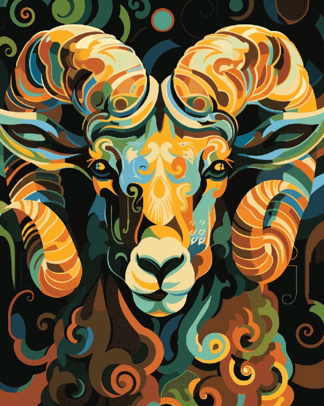 Untamed Will paint by numbers kit showing a powerful stylized ram with vibrant abstract patterns