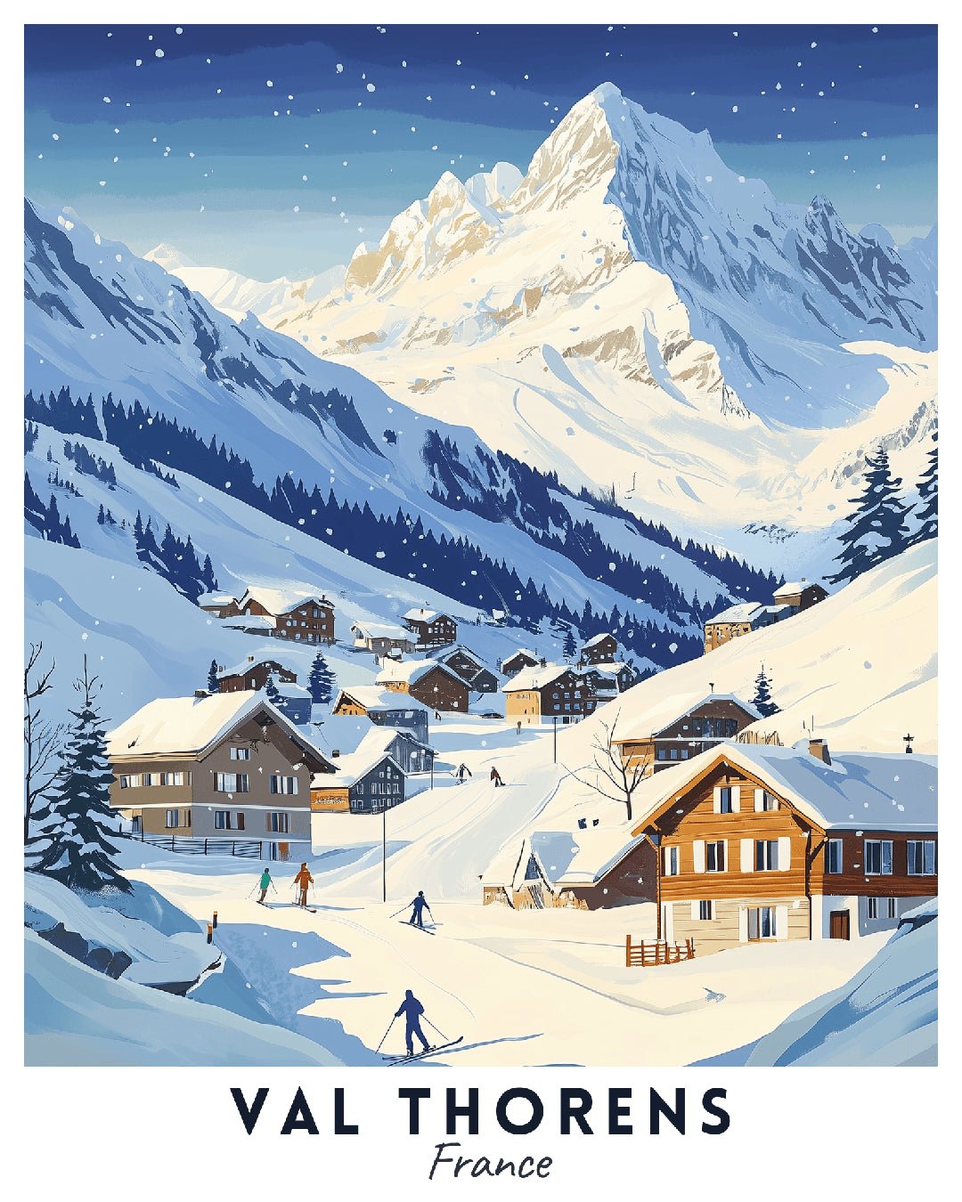 Val Thorens France paint by numbers canvas showing alpine village, snow-covered chalets, skiers, and dramatic mountain scenery