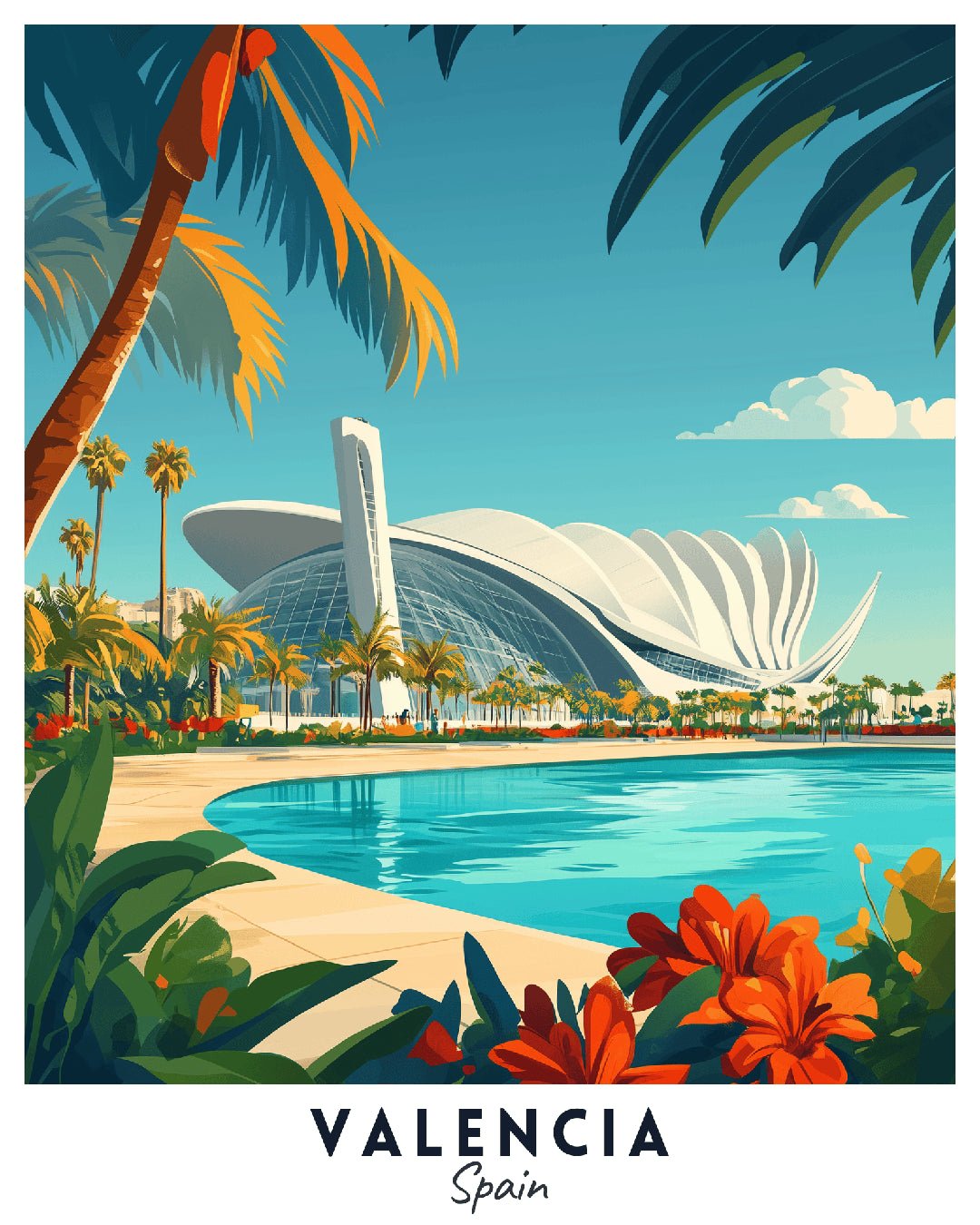 Valencia Spain paint by numbers canvas showing modern architecture, tropical palms, blue water, and Mediterranean sky