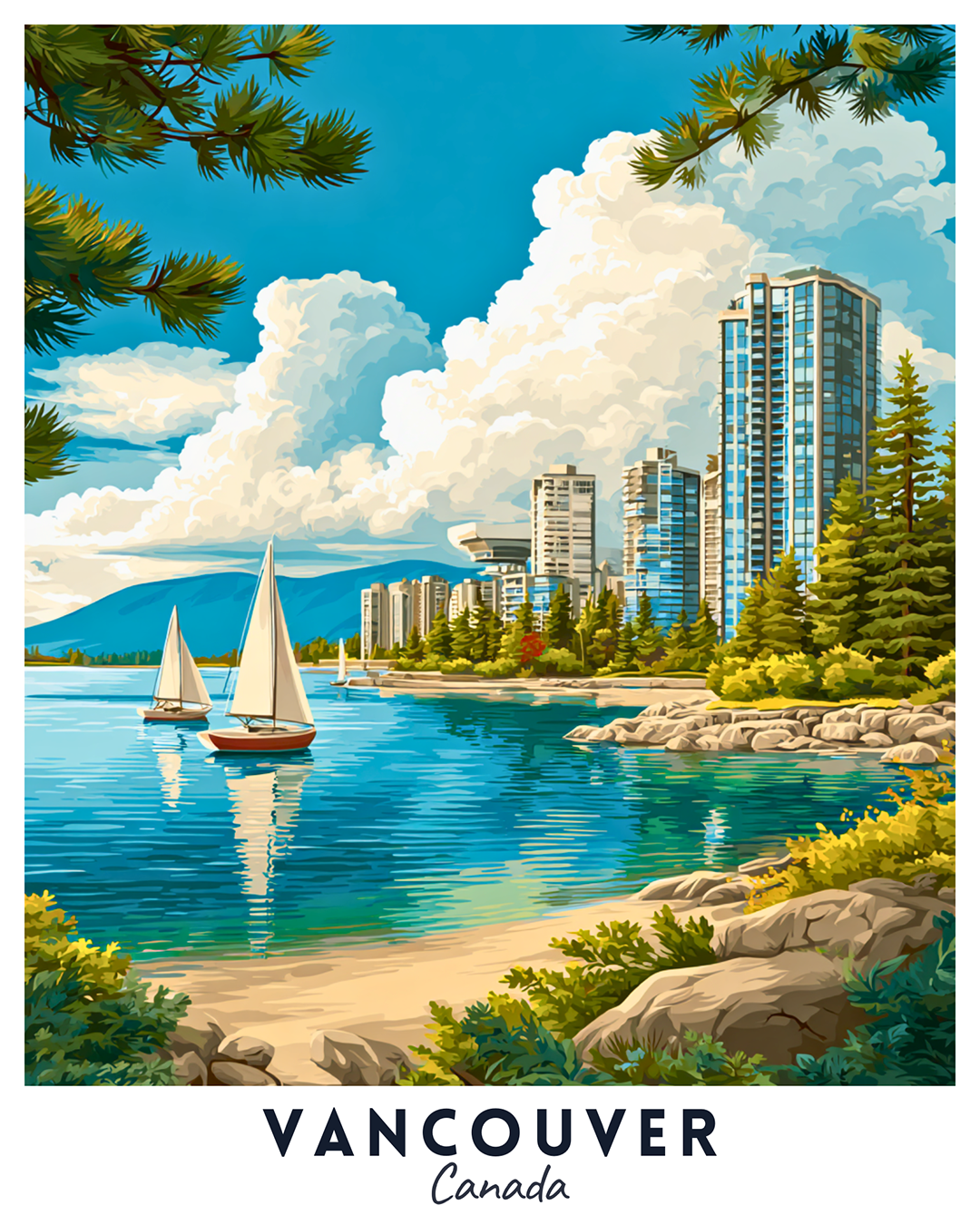Vancouver Canada paint by numbers canvas showing sailboats on blue water, forested shoreline, skyline towers, and cloudy sky