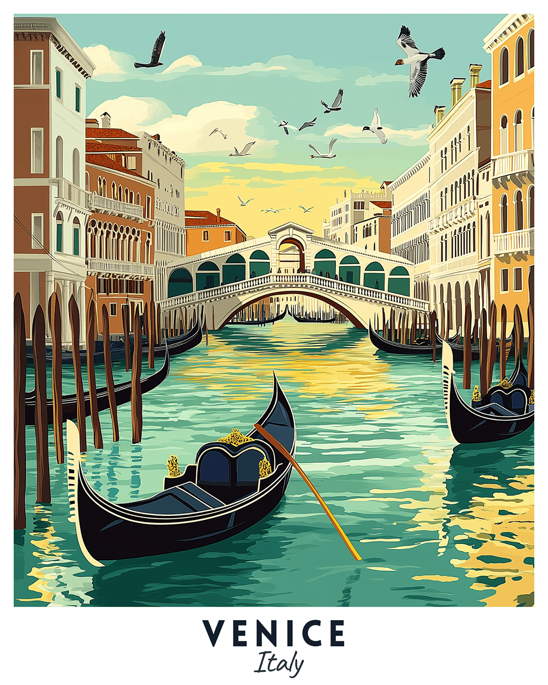 Venice Italy paint by numbers canvas showing gondolas on the Grand Canal, arched bridge, pastel buildings, and birds in the sky