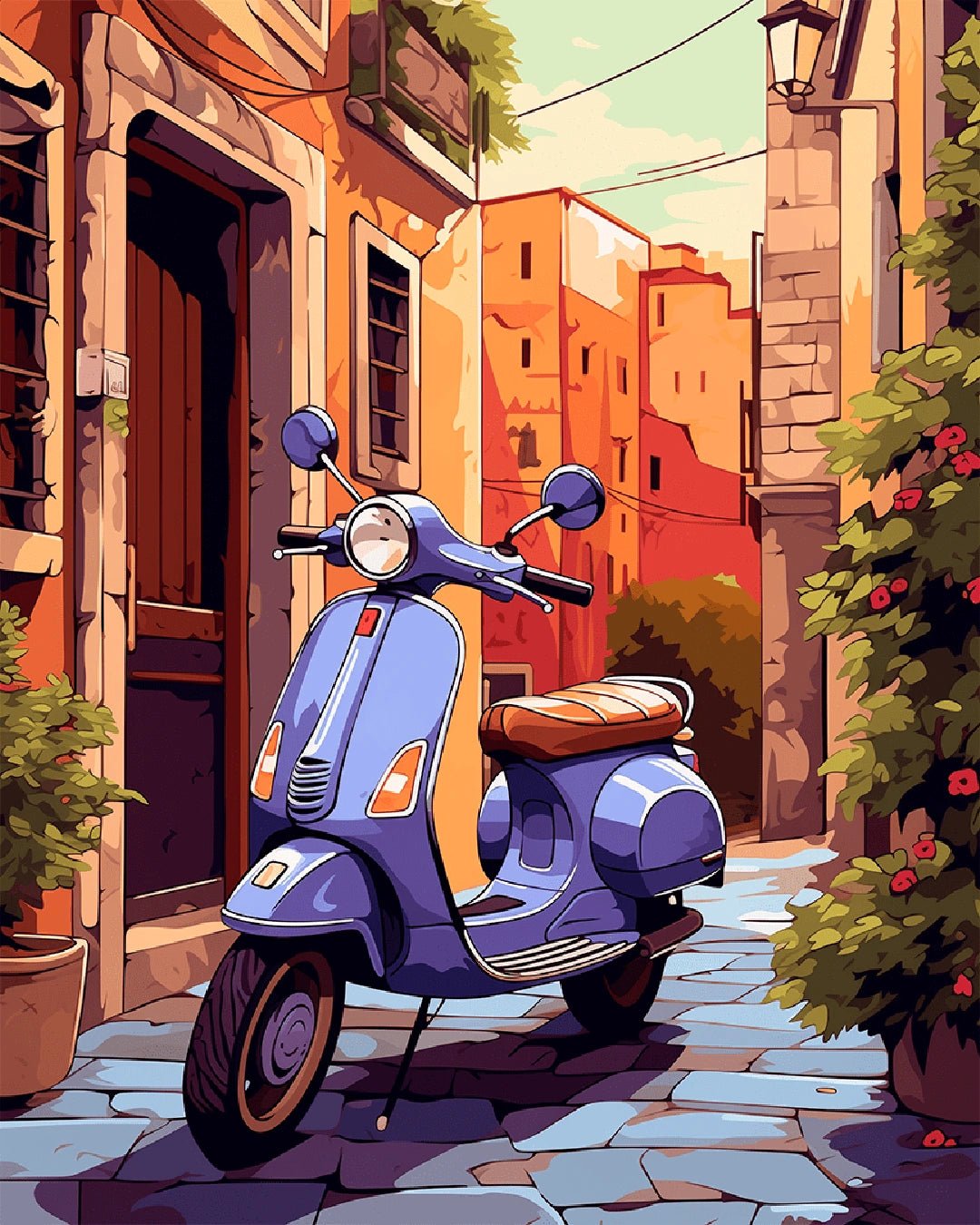 Paint by numbers kit for adults showing a vintage scooter painting in a colorful old town alley