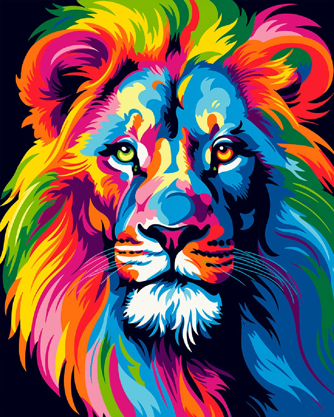 Vibrant Lion paint by numbers kit featuring a colorful rainbow lion portrait